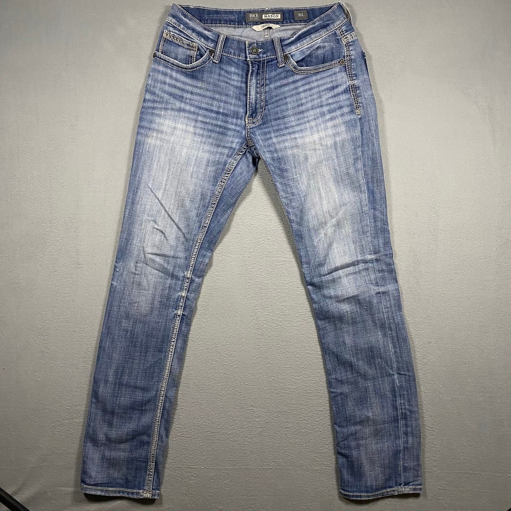 BKE Mason Taper Mens Jeans Whiskered 31L (30x33) Tapered Fit Stretch